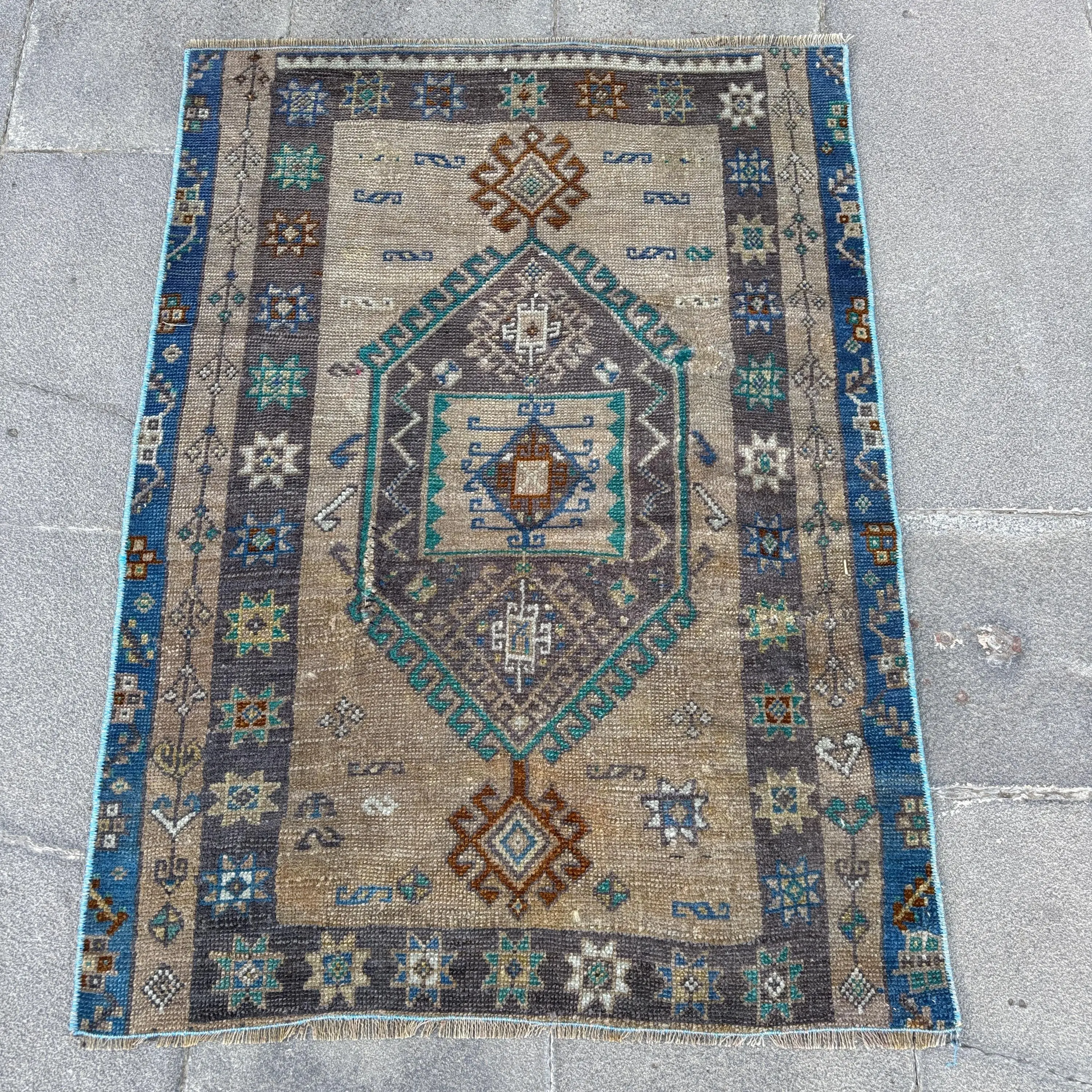 Vintage Turkish Rug, 2.4x3.3 ft Small Rug, Blue Brown Plants & trees Wool Rug - 1