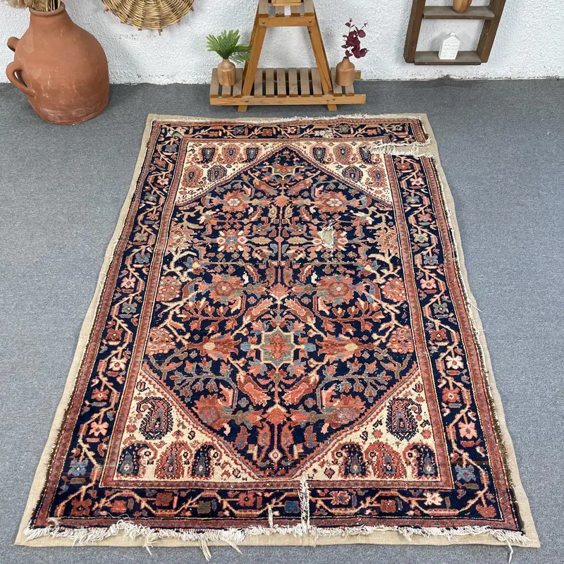 Canlı Turuncu ve Mavi Halı, 4,5x6,6 ft Çizgili Geometrik Tasarım