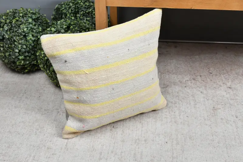 Turkish Kilim Pillow, 16x16 Yellow Cushion Case, Handmade Throw Cushion Cover, Pillow Sham, Interior Designer Pillow, Boho Pillow - 7
