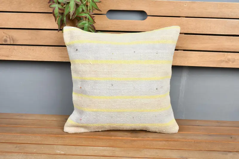 Turkish Kilim Pillow, 16x16 Yellow Cushion Case, Handmade Throw Cushion Cover, Pillow Sham, Interior Designer Pillow, Boho Pillow - 6