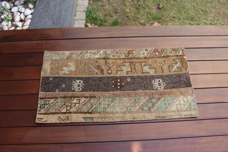 1.5x3 ft Small Turkish Rug, Vintage Rug, Brown Blue Solid Wool Rug - 1