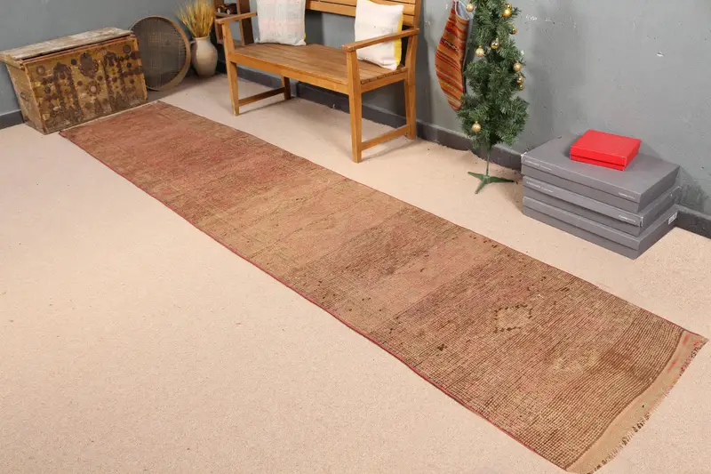 Elegant Brown & Pink Rug, 2.6x12.7 ft Botanical Design