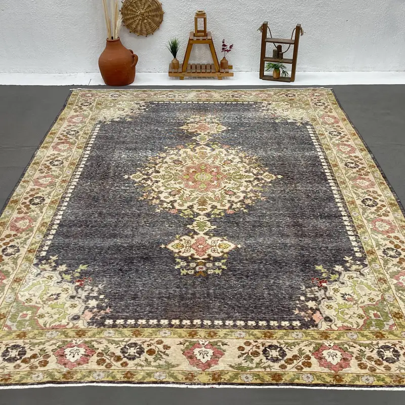 Vintage Turkish Rug, 10x12.9 ft Oushak Rug, Gray Animal Print Wool Rug - 1