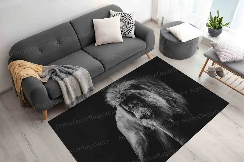 Lion Portrait Printed Rug, African Lion Black and White Design