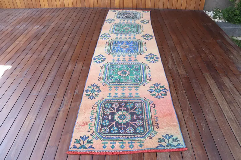 2.9x10.7 ft Runner Vintage Halı, Mavi Katı Türk Halısı - 1
