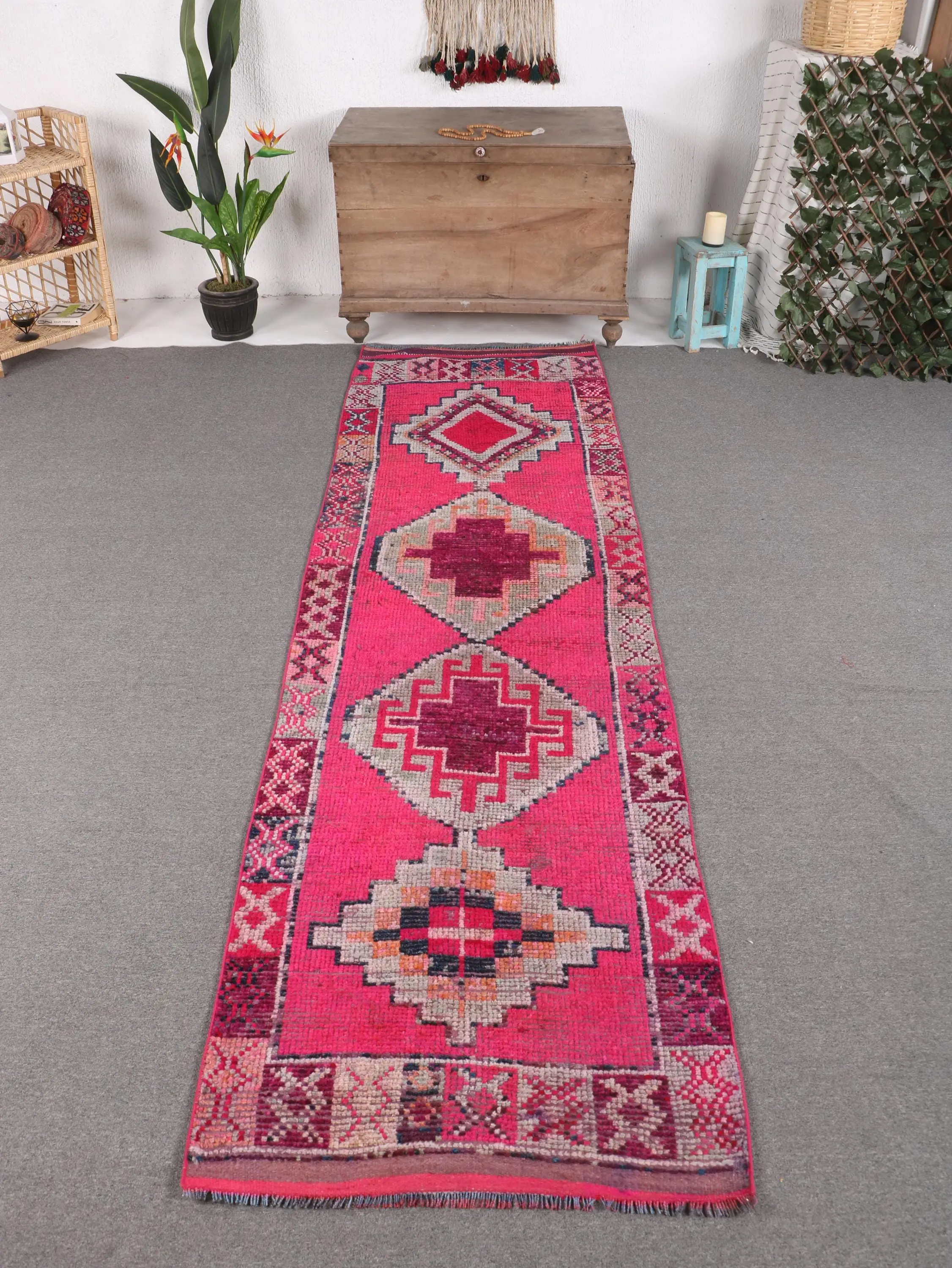 Turkish 2.9x10.2 ft Rug, Runner Vintage Rug, Red White Striped Wool Rug - 1