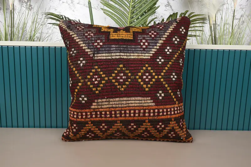 Geometric Brown Vintage Pillow Case, Antique 20x20 inch Wool Cushion Cover - 1