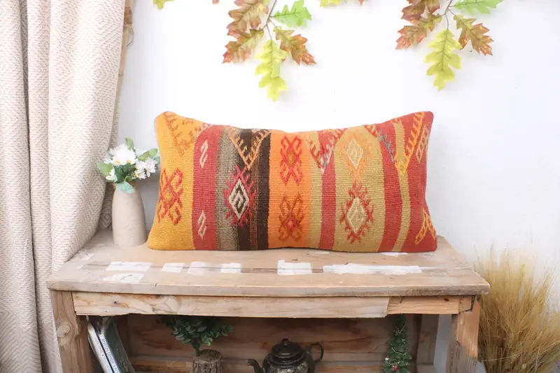 12x24 Yellow Pillow Sham, Throw Kilim Pillow, Floor Pillow Sham, Pillow Cover, Ethnical Kilim Rug Pillow, Vintage Pillow - 1