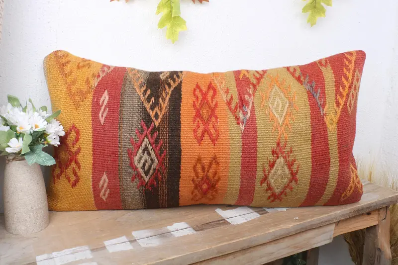 12x24 Yellow Pillow Sham, Throw Kilim Pillow, Floor Pillow Sham, Pillow Cover, Ethnical Kilim Rug Pillow, Vintage Pillow - 4