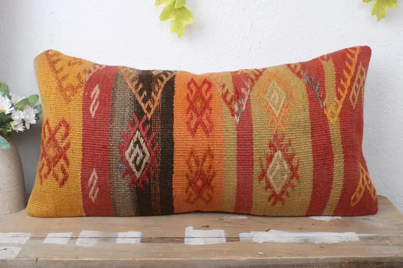 12x24 Yellow Pillow Sham, Throw Kilim Pillow, Floor Pillow Sham, Pillow Cover, Ethnical Kilim Rug Pillow, Vintage Pillow - 2
