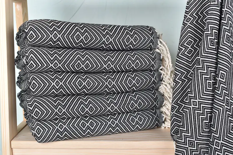 Personalized Turkish Beach Towel, Black, Organic Cotton/Linen, 40x75 Inches