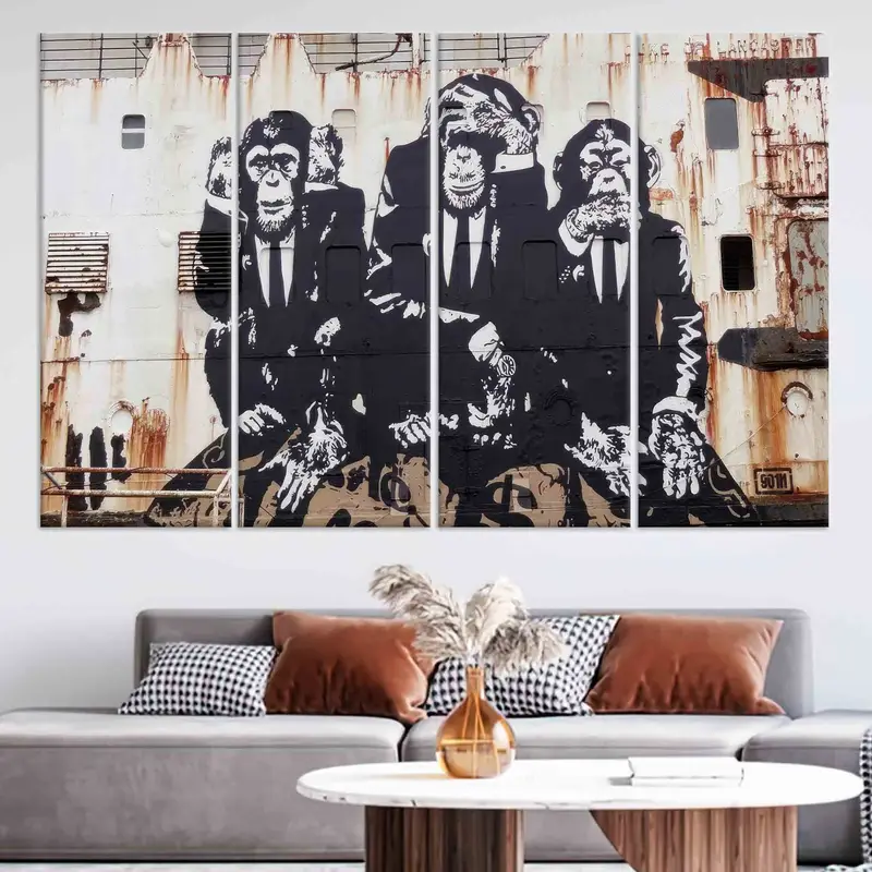 Banksy Three Wise Monkeys, Banksy Wall Art, Three Monkeys Canvas, Banksy Monkey Wall Art, Wise Monkeys Wall Decor,  Monkey Graffiti Art, - 4