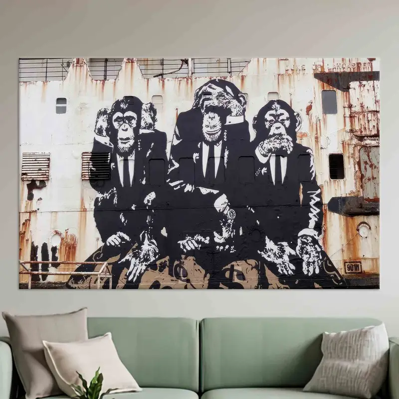 Banksy Three Wise Monkeys, Banksy Wall Art, Three Monkeys Canvas, Banksy Monkey Wall Art, Wise Monkeys Wall Decor,  Monkey Graffiti Art, - 2