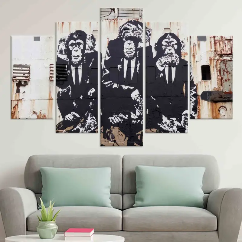 Banksy Three Wise Monkeys, Banksy Wall Art, Three Monkeys Canvas, Banksy Monkey Wall Art, Wise Monkeys Wall Decor,  Monkey Graffiti Art, - 6