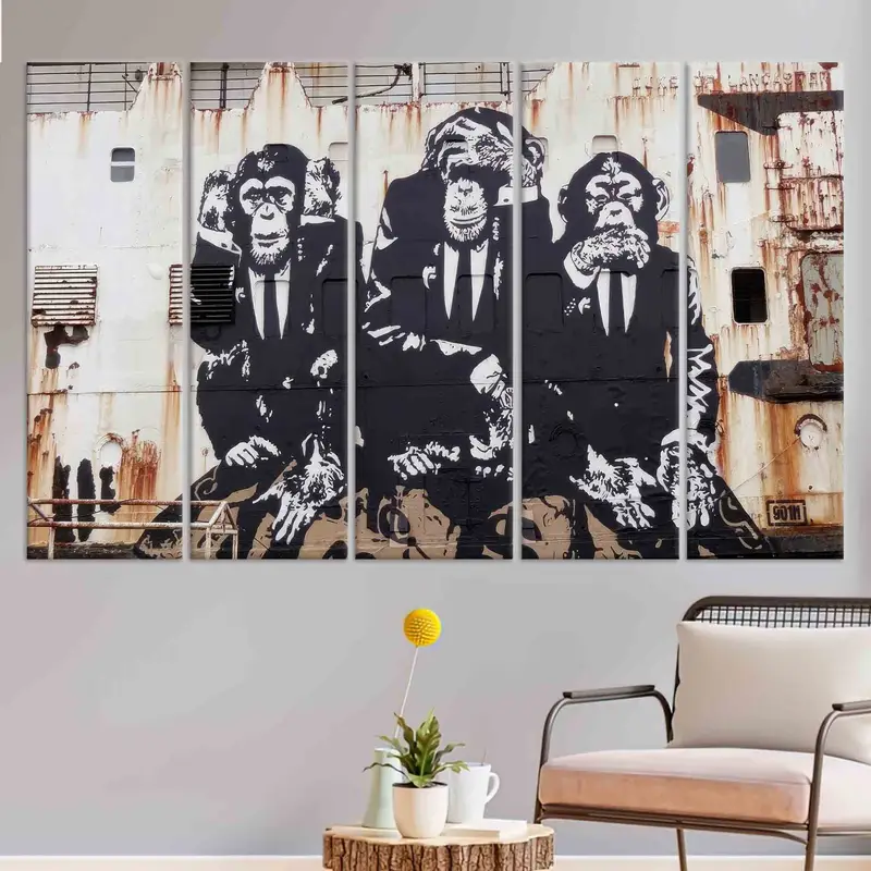 Banksy Three Wise Monkeys, Banksy Wall Art, Three Monkeys Canvas, Banksy Monkey Wall Art, Wise Monkeys Wall Decor,  Monkey Graffiti Art, - 5