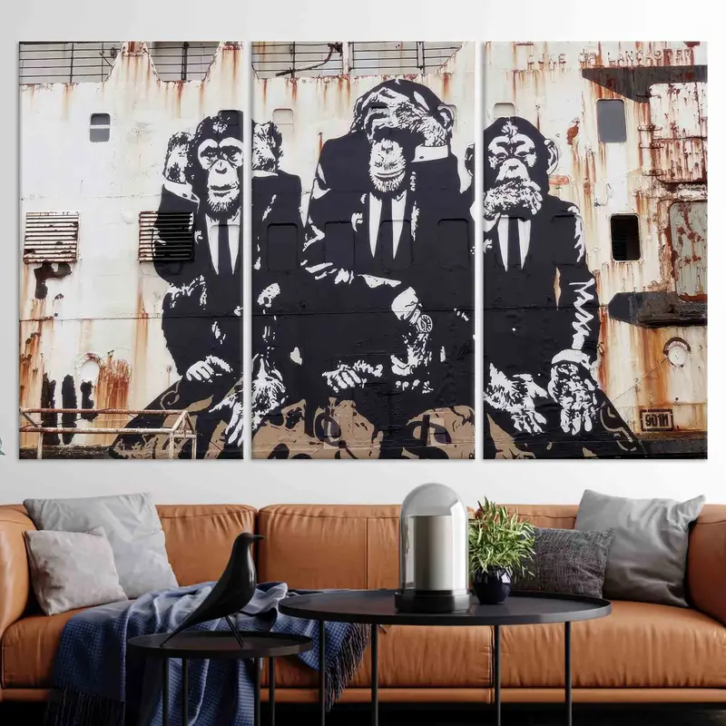 Banksy Three Wise Monkeys, Banksy Wall Art, Three Monkeys Canvas, Banksy Monkey Wall Art, Wise Monkeys Wall Decor,  Monkey Graffiti Art, - 3