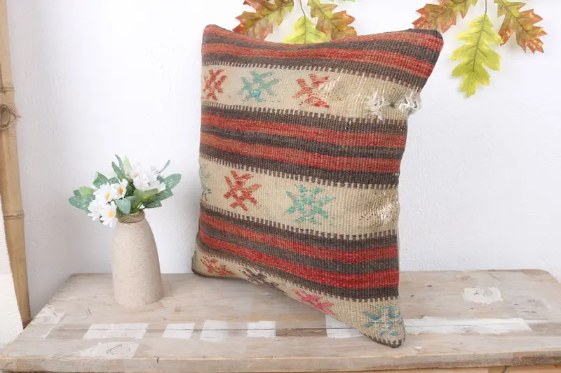 Ethnical Kilim Rug Pillow, Cushion Cover, Kilim Pillow, Cotton Cushion Cover, 16x16 Red Cushion Cover, Turkish Kilim Pillow, Neutral Throw Pillow - 4