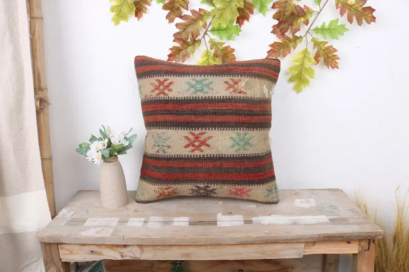 Ethnical Kilim Rug Pillow, Cushion Cover, Kilim Pillow, Cotton Cushion Cover, 16x16 Red Cushion Cover, Turkish Kilim Pillow, Neutral Throw Pillow - 1