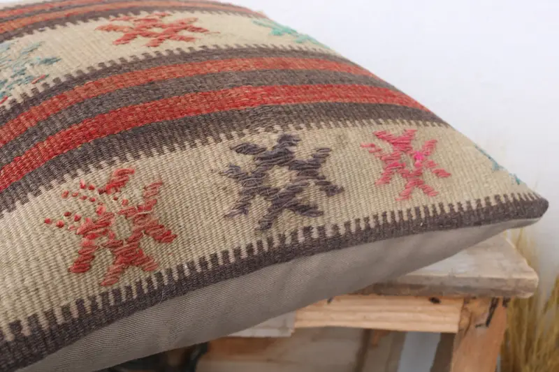 Ethnical Kilim Rug Pillow, Cushion Cover, Kilim Pillow, Cotton Cushion Cover, 16x16 Red Cushion Cover, Turkish Kilim Pillow, Neutral Throw Pillow - 6