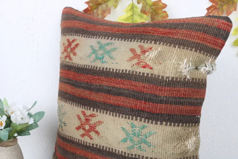 Ethnical Kilim Rug Pillow, Cushion Cover, Kilim Pillow, Cotton Cushion Cover, 16x16 Red Cushion Cover, Turkish Kilim Pillow, Neutral Throw Pillow - 5