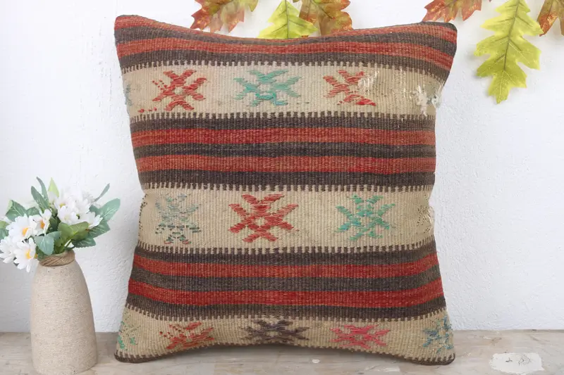 Ethnical Kilim Rug Pillow, Cushion Cover, Kilim Pillow, Cotton Cushion Cover, 16x16 Red Cushion Cover, Turkish Kilim Pillow, Neutral Throw Pillow - 2