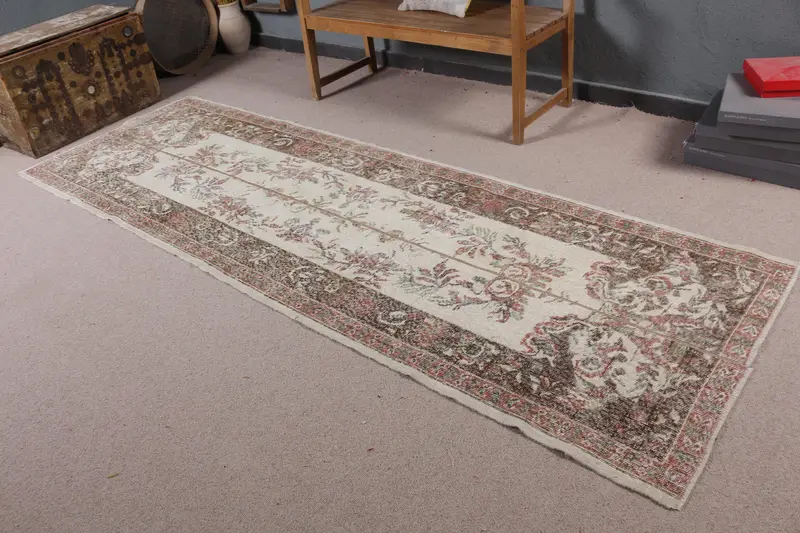 3,3x10,3 ft Vintage Teppich, türkischer Läuferteppich, braun rot karierter Wollteppich - 1