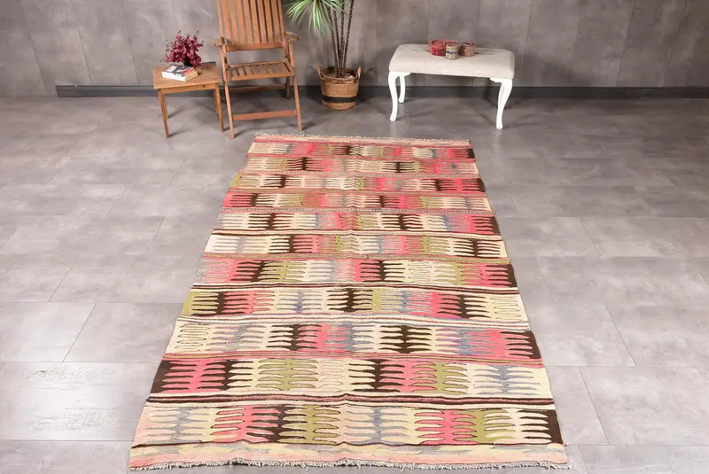 Alfombra vintage turca de 5,2x9,3 pies, alfombra grande, plantas y árboles de color marrón rosa alfombra de lana - 1