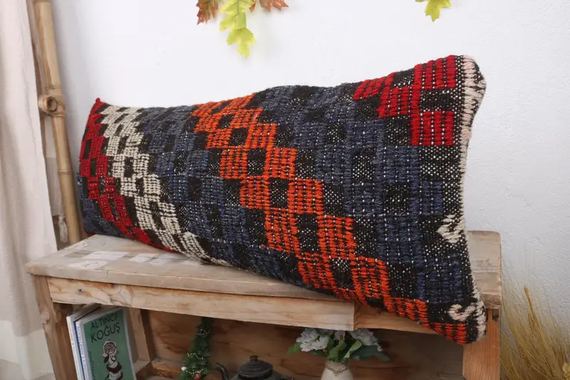 Lounge Throw Pillow Cover, Pillow for Sofa, Turkish Pillow, Turkish Kilim Pillow, Armchair Pillow, Pillow Sham, 12x36 Blue Pillow Sham - 4