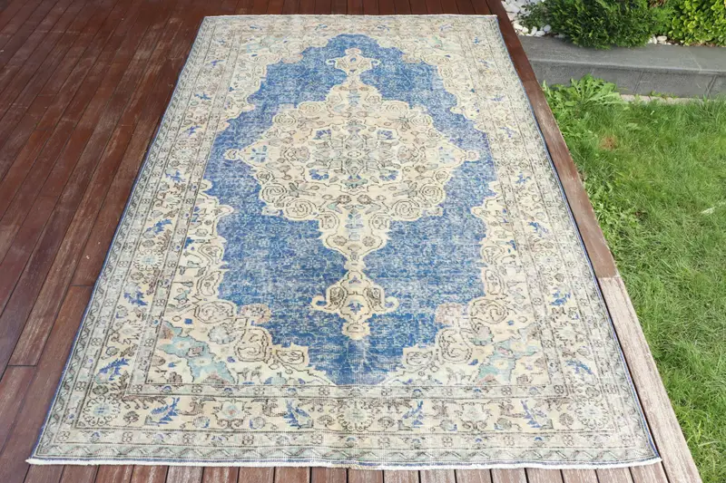 El Yapımı Bej ve Mavi Kareli Halı, 0,5x8,5 ft