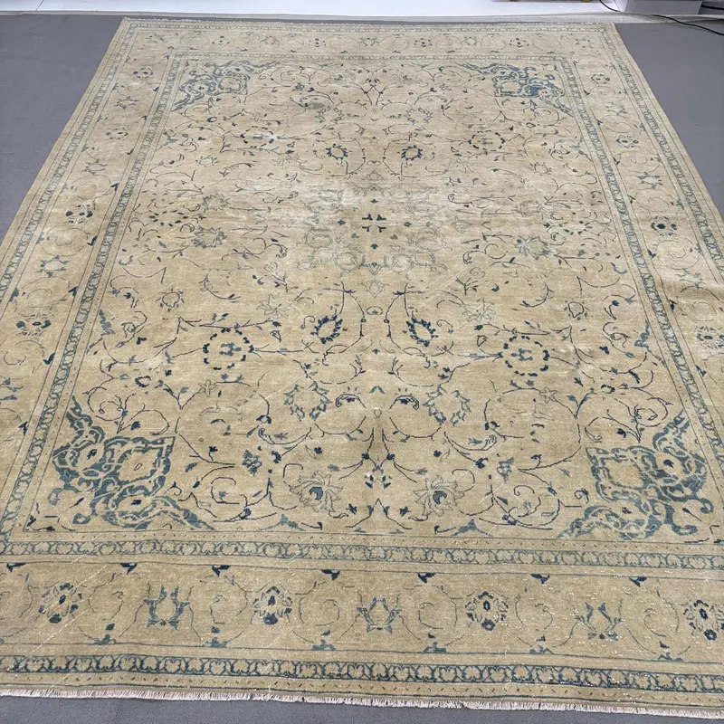 Vintage Turkish Rug, 9.6x12.7 ft Oversize Rug, Beige Blue Floral Wool Rug - 1