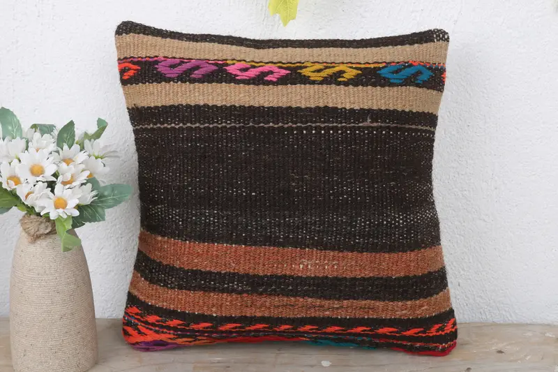 Aztec Cushion Cover, 12x12 Brown Pillow Cover, Boho Pillow, Cushion, Ethnic Pillow Case, Vintage Pillow, Turkish Kilim Pillow, Luxury Cushion Case - 2