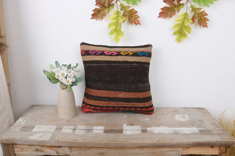 Aztec Cushion Cover, 12x12 Brown Pillow Cover, Boho Pillow, Cushion, Ethnic Pillow Case, Vintage Pillow, Turkish Kilim Pillow, Luxury Cushion Case - 1