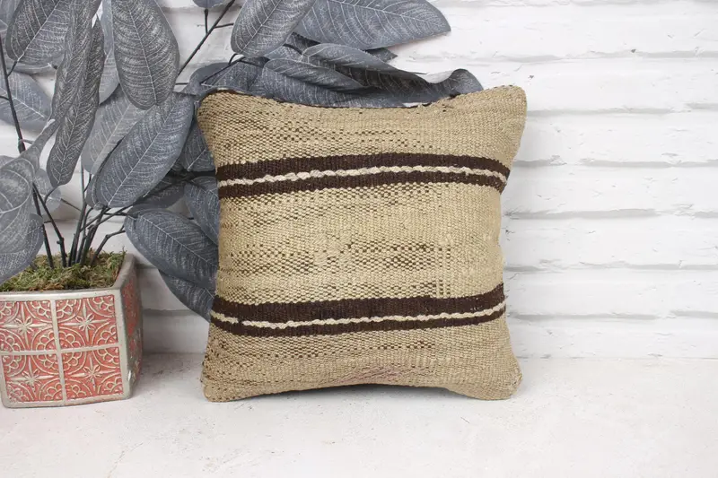 Kilim Cushion Sham, Pillow Sham, 12x12 Beige Pillow, Retro Throw Cushion, Interior Designer Pillow, Handmade Cushion Cover, Turkish Pillow - 1