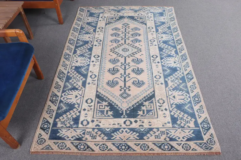 Vintage Alan Halısı 4.1x6.5 ft, Mavi Beyaz Fas Halısı Yün - 1