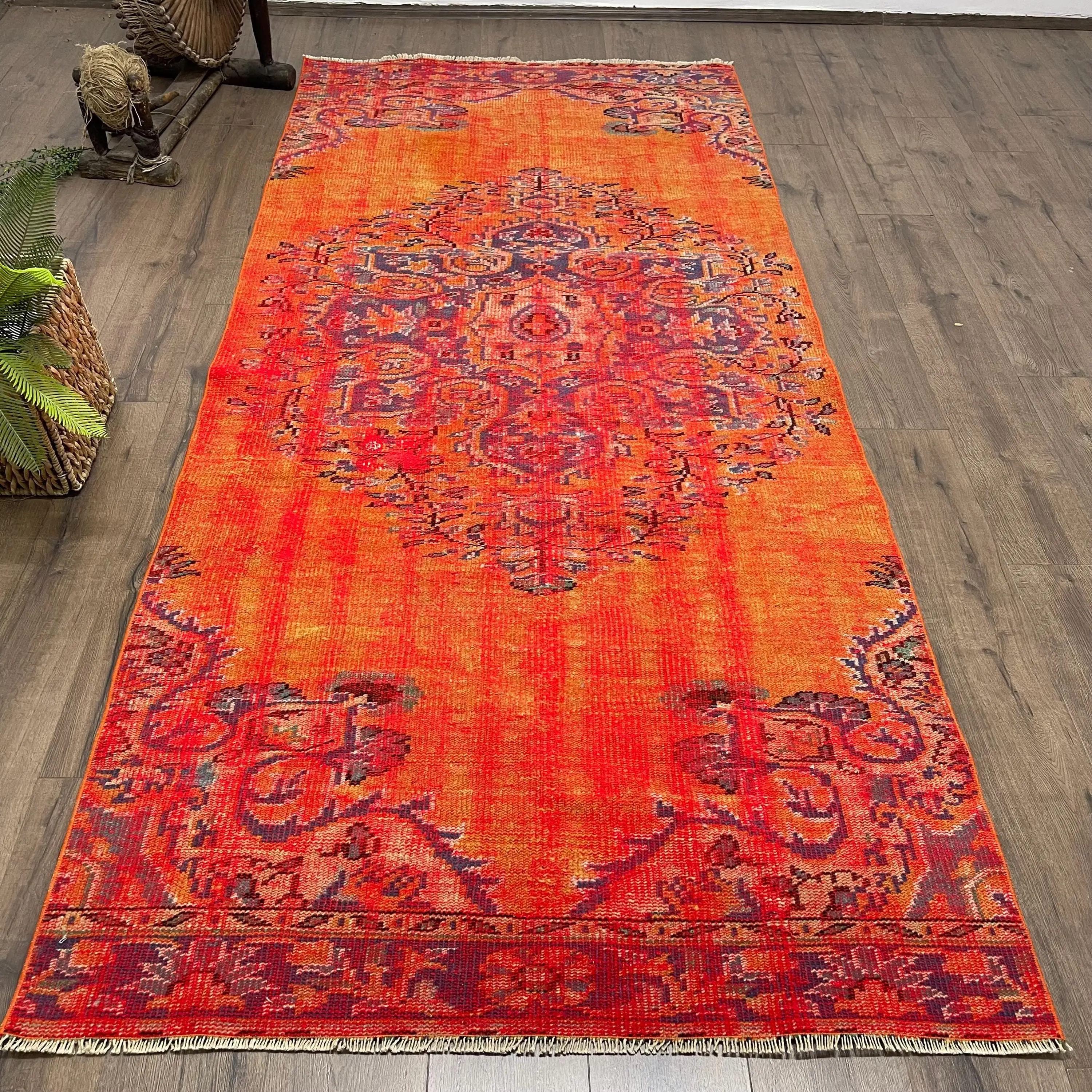 Vintage Rug, Area 4.2x9.3 ft Rug, Red Patchwork Rug - 1