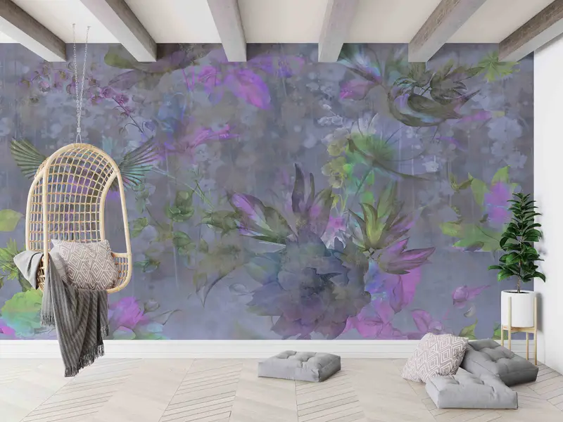 Elegante Vintage-Tapete mit abstraktem Blumen- und Vogeldruck