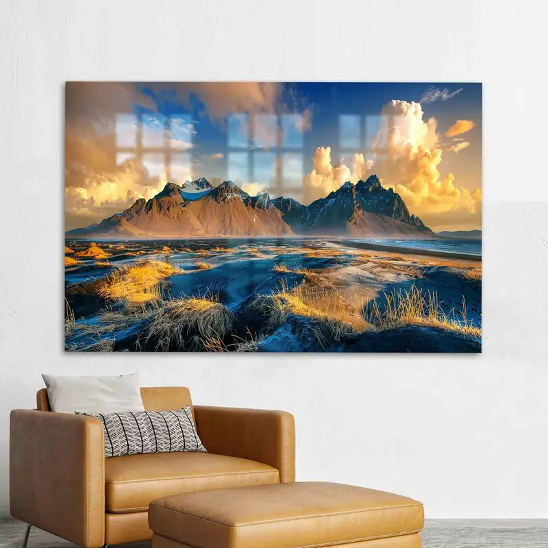 Vidrio impreso elegante: diseño de paisaje de naturaleza de montaña