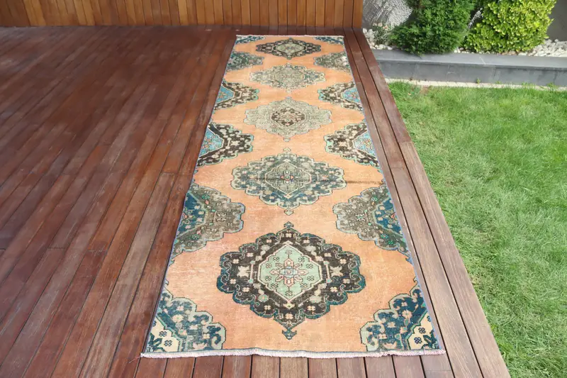 3.2x11.5 ft Vintage Oushak Halı, Türk Halısı, Mavi Bordürlü Yün Halı - 1