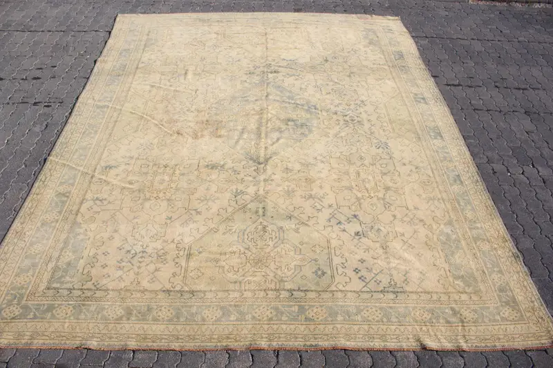 Vintage 9.6x12.1 ft Halı, Büyük Boy Türk Halısı, Kahverengi Mavi Çizgili Halı - 1