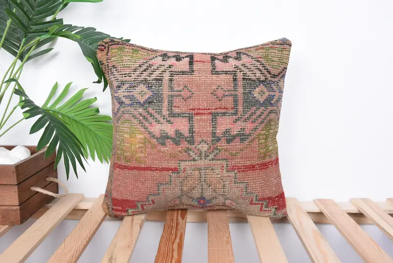 Boho Chic Pillow Cover, Pillow for Couch, Vintage Pillow, Turkish Pillow, 16x16 Pink Cushion Case, Pillow Sham, Customized Pillow Case - 1