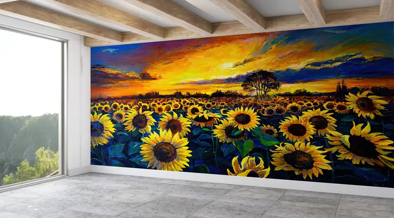 Baskılı Ayçiçeği Tarlası Gün Batımı Doğa Manzara Duvar Kağıdı