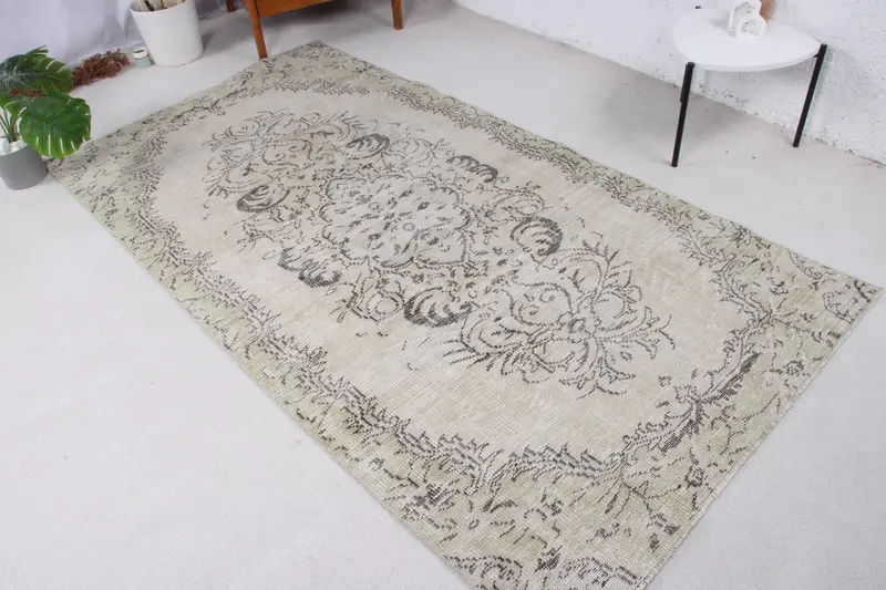 Vintage Türk Alan Halısı 4.3x8.1 ft (130x247 cm), Yeşil Bitkiler ve ağaçlar Oushak Halı - 1
