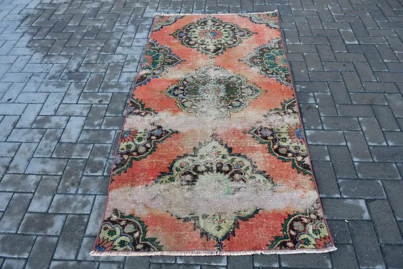 Vintage Turkish Accent Rug 3.2x6.2 ft, Red Blue Bordered Rug - 1