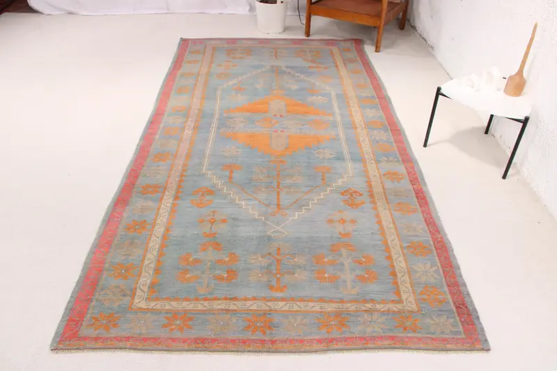 El Yapımı Mor ve Turuncu İran Halısı, 4x9,6 ft