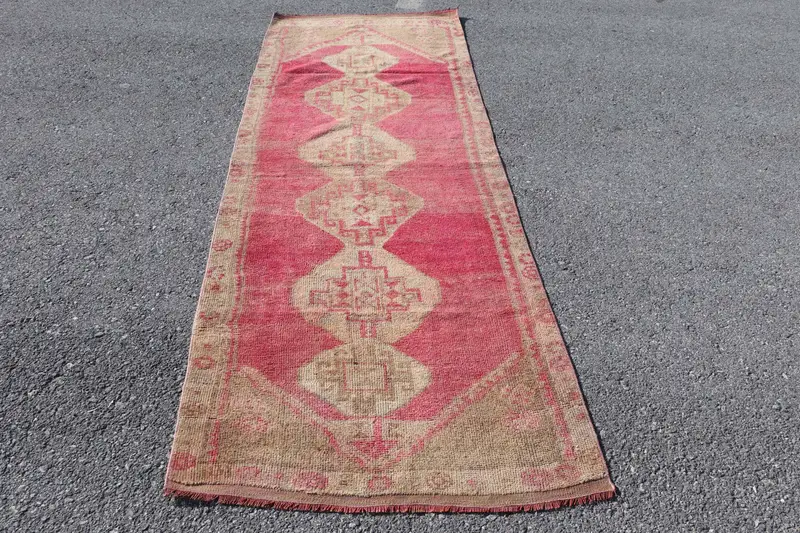 3.2x9.3 ft Halı, Vintage Türk Yolluk Halısı, Kırmızı Herki Yün Halı - 1