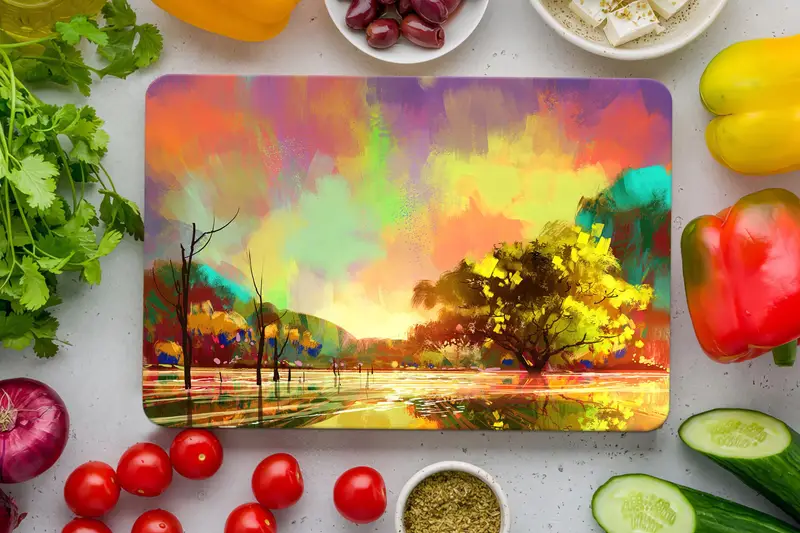 カラフルな秋の風景ガラスまな板、強化安全設計