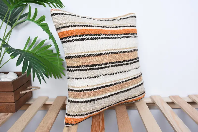 Turkish Kilim Pillow, Vintage Kilim Throw Pillow, 16x16 White Cushion, Ottoman Cushion Cover, One Of A Kind Pillow, Gift Pillow, Cushion - 4