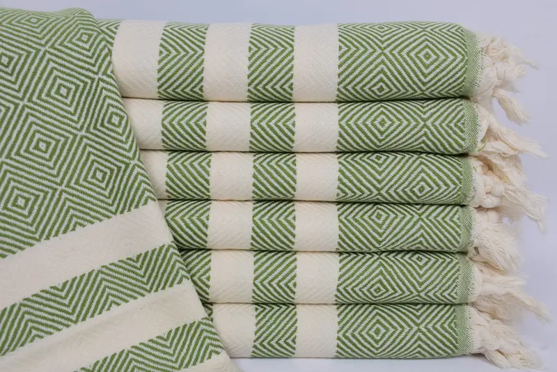Monogrammed Hand Towel Organic Cotton, Khaki Green Diamond, 32x20 Inches