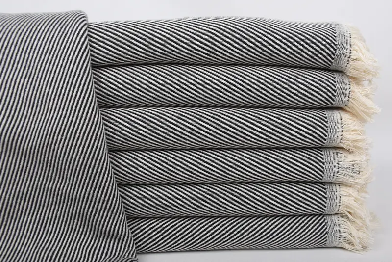 Organic Cotton Black Striped Beach Towel, Handmade, 70x36 Inches