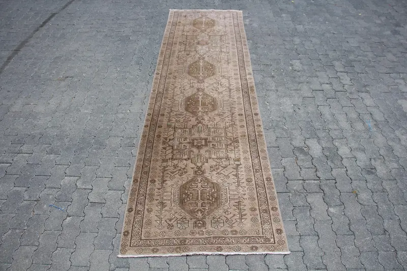 Alfombra Oushak de 3,2x11 pies, alfombra vintage turca, alfombra Ombré gris marrón - 1